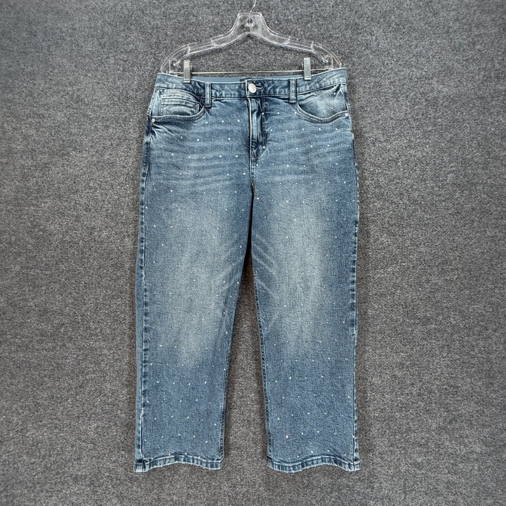 Democracy Straight Leg Jeans Womens 14P Blue Rhinestone Embellished Ab-solution